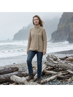 Aran Mor Ireland Merino Wool Cable Knit Fisherman Sweater Beige Womens Large L